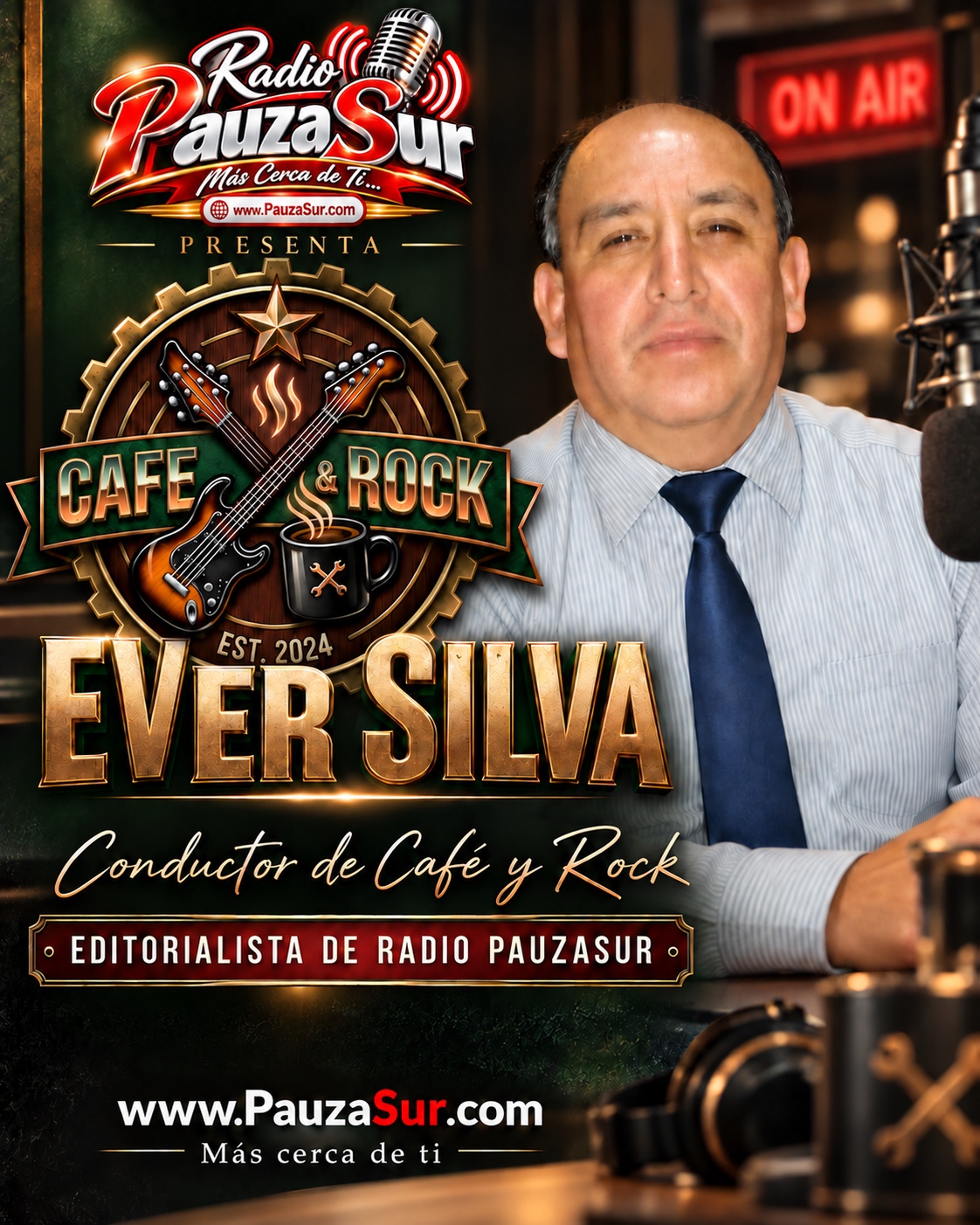 Afiche de Ever Silva, conductor de Café y Rock y editorialista de Radio PauzaSur