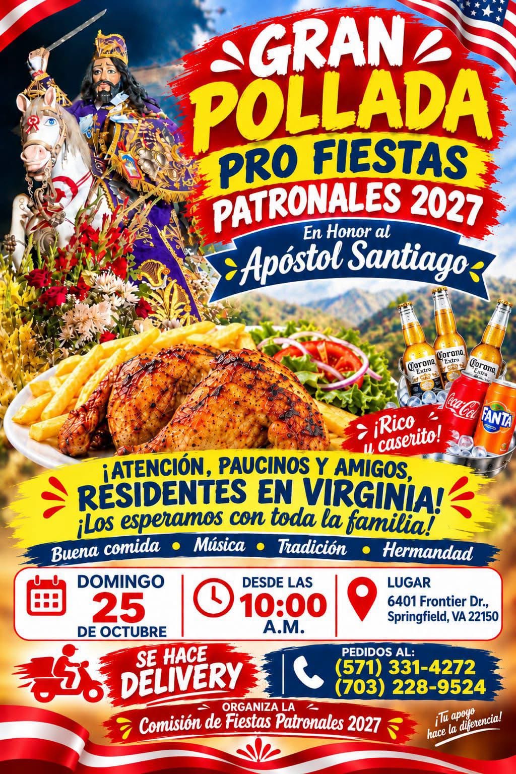 Flyer de la gran pollada en Virginia con fecha, dirección y teléfonos de pedidos